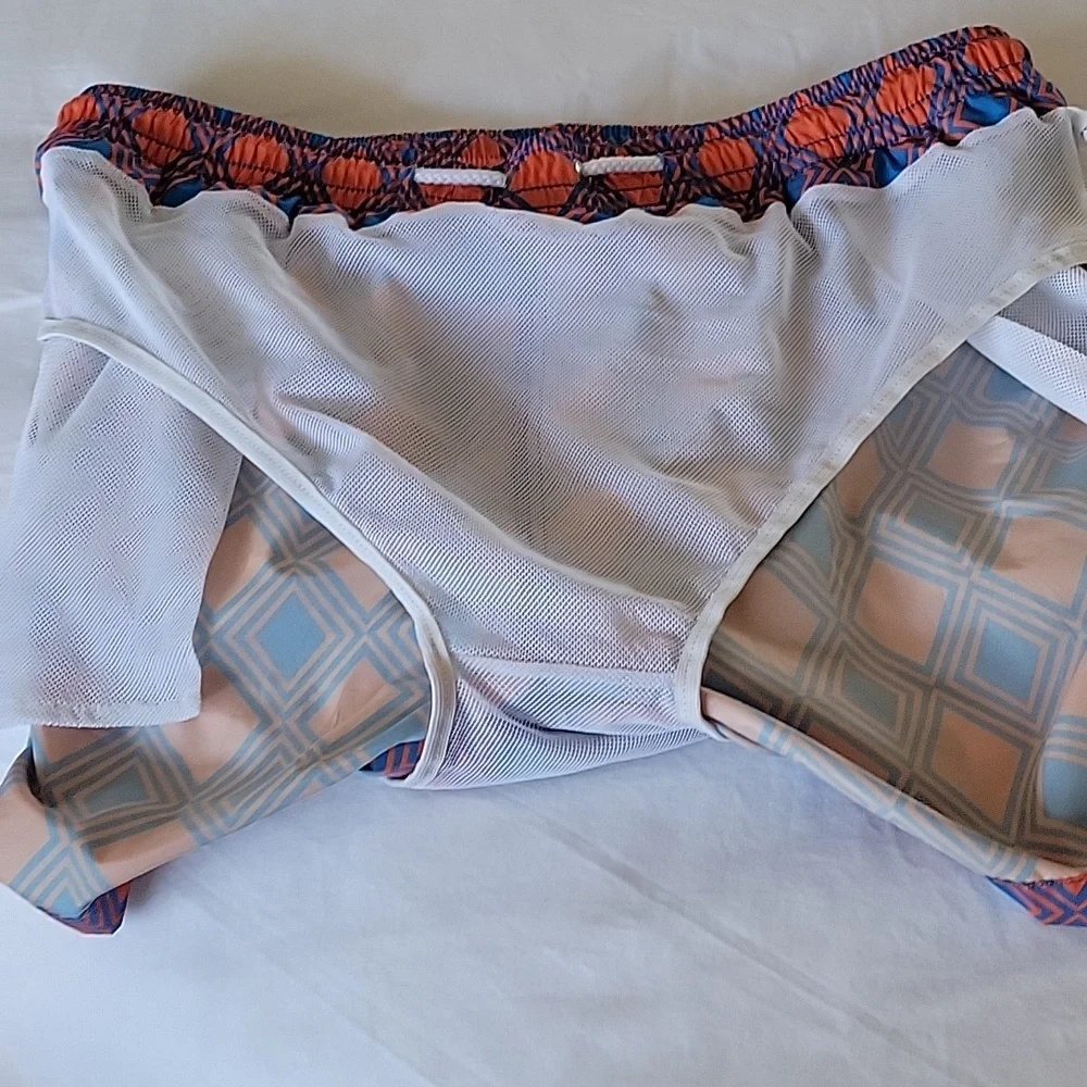 Kiton Orange and Blue Geometric Swim Shorts Sz XL Retail $345